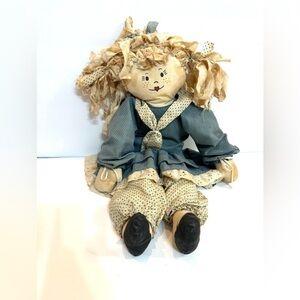 Vintage Handmade Cloth Rag Doll Soft Body 20” Blue And White Country Decor OOAK